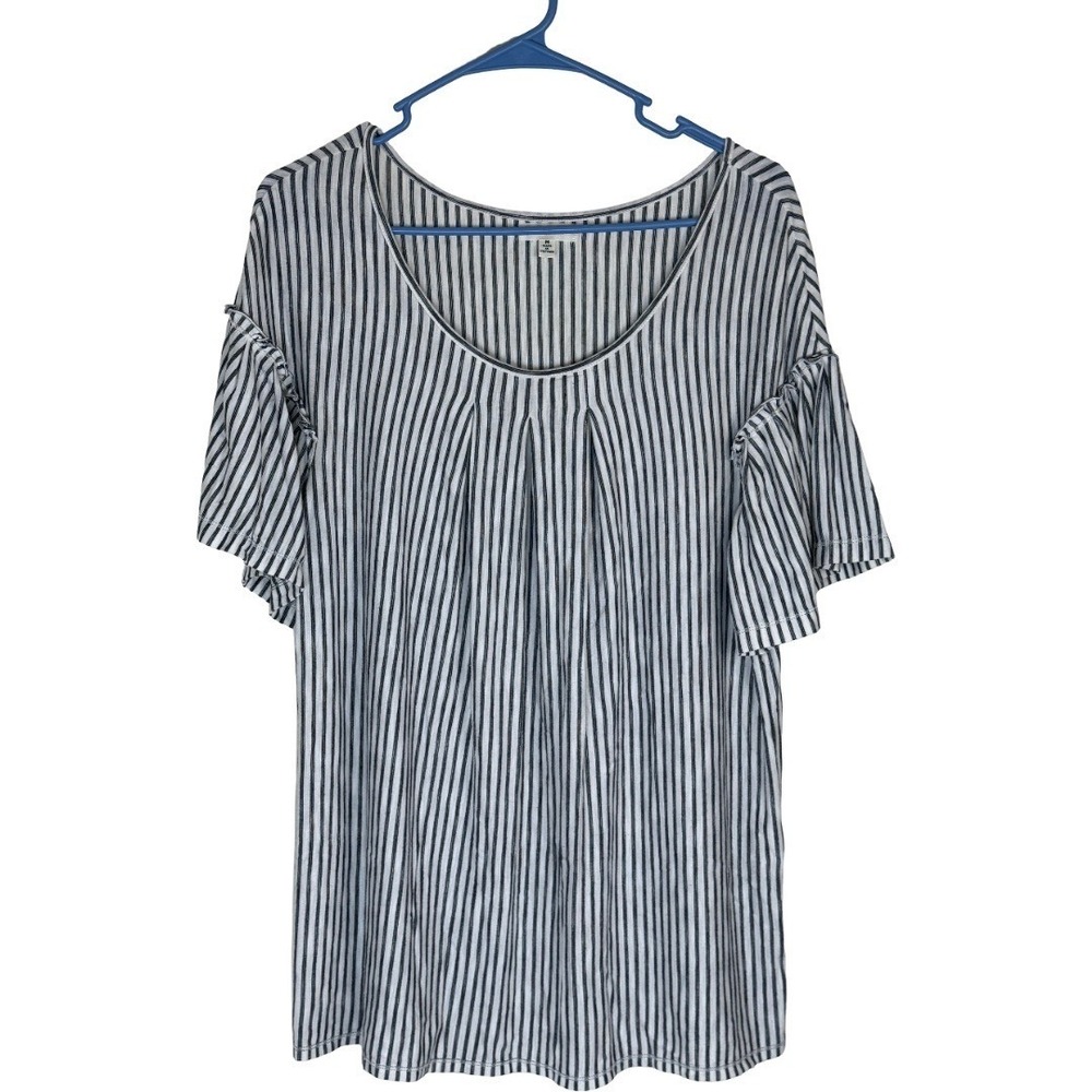 Max Studio Striped Top Women Medium Blue White Ruffle Sleeve Pleated Scoop Neck
